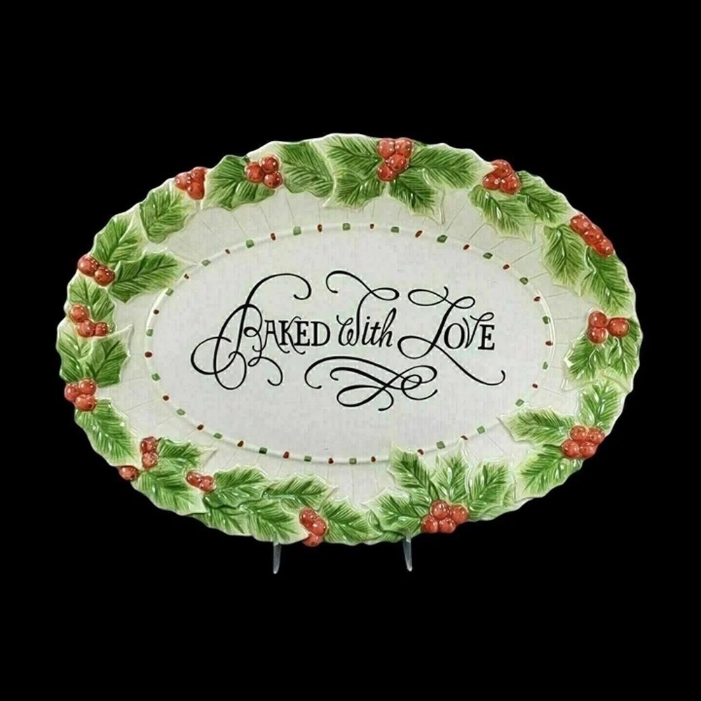 Christmas Fitz & Floyd Platter White w/Holly & Berry Pattern “Baked with Love"